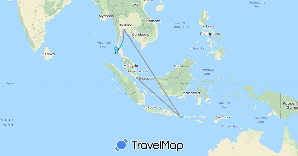 TravelMap itinerary: driving, plane, boat in Indonesia, Singapore, Thailand (Asia)